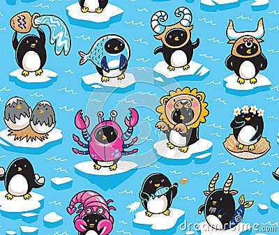 Seamless pattern of penguins zodiac signs in cartoon style. Vector illustration Vector Illustration