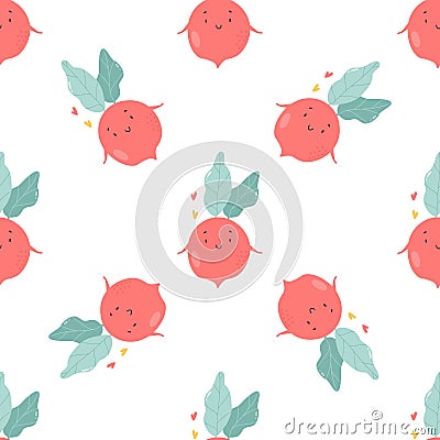 Seamless pattern with funny radish on white background Vector Illustration