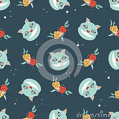 Seamless pattern with funny smiling Cheshire Cat Vector Illustration