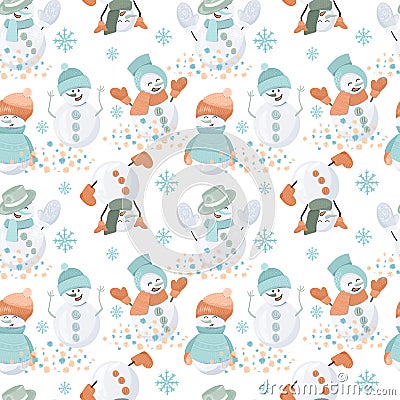 Seamless pattern with funny snowmen in snow Stock Photo