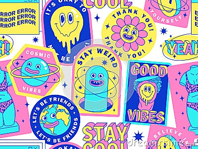 Seamless pattern with funny stickers, cartoon characters, greek statues, emoji, Earth, planet in psychedelic weird style Vector Illustration