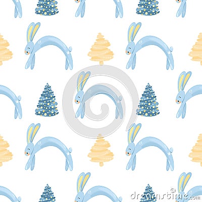 Seamless pattern with funny winter rabbit and Christmas trees Stock Photo