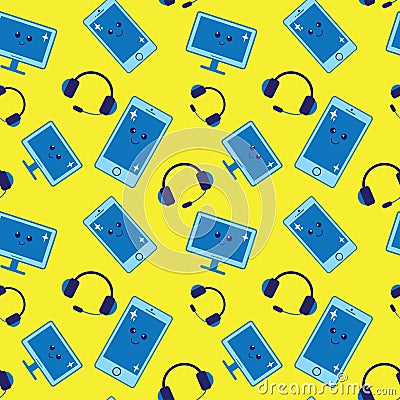 Seamless pattern with gadgets: phones, headphones and monitors. Vector Illustration