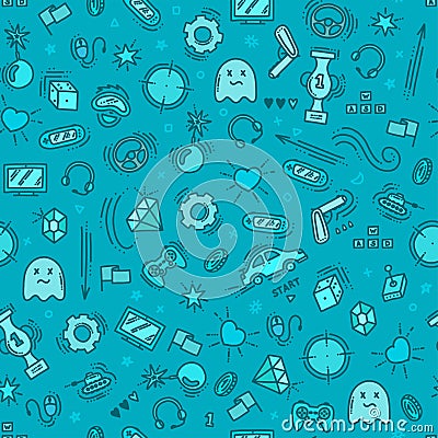 Seamless pattern of gaming objects. Virtual reality, computers, game genres and related stuff. Vector illustration in Vector Illustration