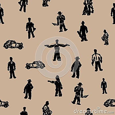 Seamless pattern with gangsters and vintage car silhouettes. Grunge print. Vector illustration. Vector Illustration