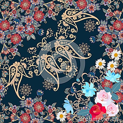 Seamless pattern with garden flowers and paisley ornament in russian style. Quarter ethnic shawl. Vector Illustration