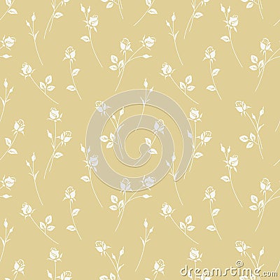Seamless pattern with garden rose silhouette. Yellow background with blossoming flowers. Vector Illustration