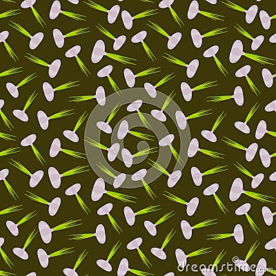 Seamless pattern garlic head with green leaves, on dark green background trend of the season. Can be used for Gift wrap fabrics, Vector Illustration