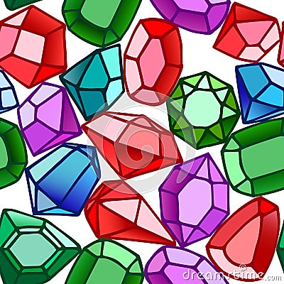 Seamless pattern of gemstones: emeralds, sapphires, diamonds and rubies, glass crystals for bijou Vector Illustration