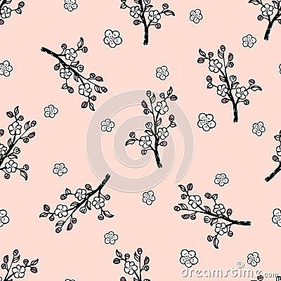Seamless pattern with a gentle Japanese oriental cherry. Vector Illustration