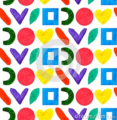 Seamless pattern geometric different form and shapes circle, square, heart in color rainbow in white background Stock Photo