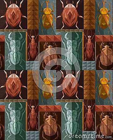 Seamless pattern with geometric insects in rectangle mosaic. Vector retro texture with geometrical stag beetle, flying ant, Vector Illustration