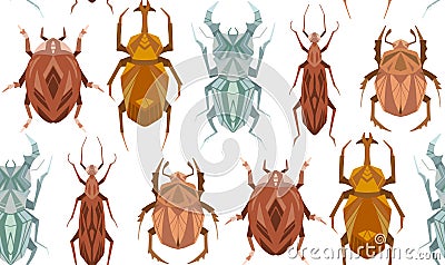 Seamless pattern with geometric insects in row on white background. Vector texture with geometrical stag beetle Vector Illustration