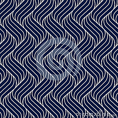 Seamless pattern geometric line. Blue background wavy stripe. Modern waves texture. Repeated swirl. Intricate pipple curly twist. Vector Illustration