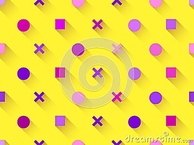 Seamless pattern with geometric shapes, square, circle with shadow on a yellow background. Purple, burgundy and pink. Vector Vector Illustration