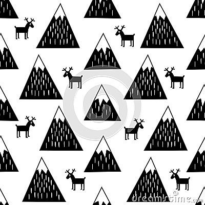 Seamless pattern with geometric snowy mountains and reindeers. Cute winter mountains background. Vector Illustration