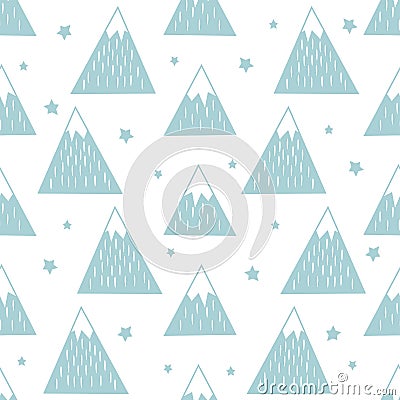 Seamless pattern with geometric snowy mountains and stars. Vector Illustration