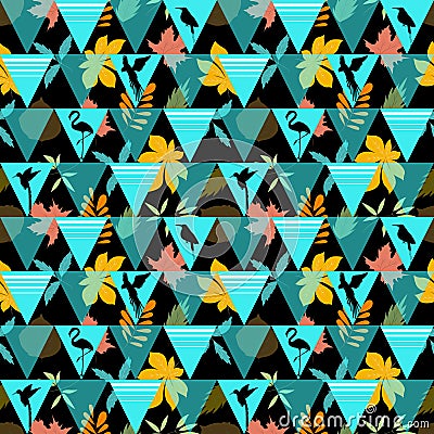 Seamless wallpaper with geometric repeating patterns, with tropical birds and different leaves Vector Illustration