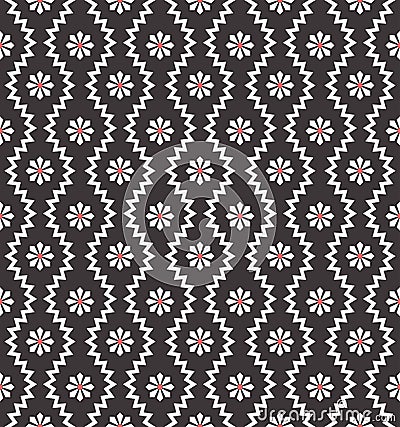 Seamless pattern with geometric zigzag and small flowers. Abstract black and white floral texture. Simple monochrome Vector Illustration