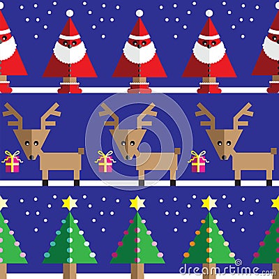 Seamless pattern with geometrical Reindeer, gifts, Santa Claus, snow, Christmas trees with light blue, orange, pink lights Vector Illustration