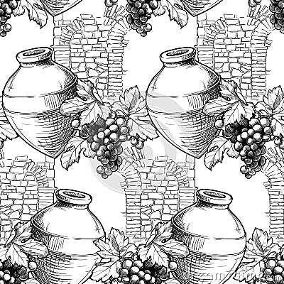 Seamless pattern. Georgian traditional vineyard with kvevri, grapevine and stone wall texture Cartoon Illustration