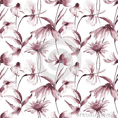 Seamless pattern with Gerber and Cosmea flowers Cartoon Illustration