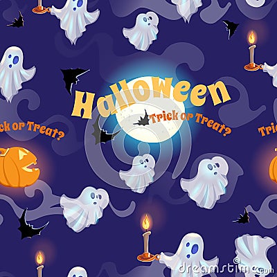 Seamless pattern with ghosts, bats, moon and pumpkins for halloween Vector Illustration