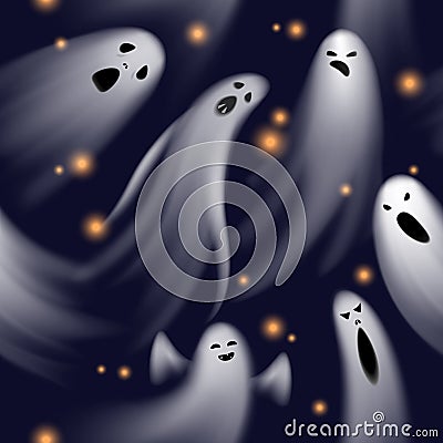 Seamless pattern ghosts. Spooky phantom characters, halloween flying shadows with bats silhouettes, creepy backdrop Vector Illustration