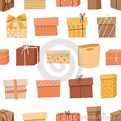 Seamless pattern of gift craft boxes, paper boxes on white background Vector Illustration