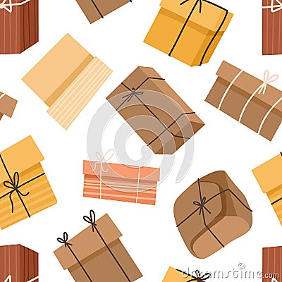 Seamless pattern of gift craft boxes, paper boxes on white background Vector Illustration