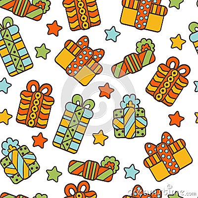 Seamless pattern with gifts and stars on a white background Vector Illustration