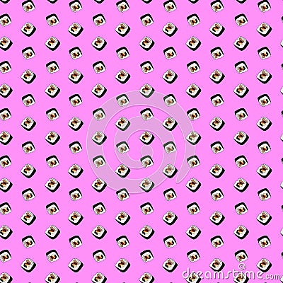 Seamless pattern with gimbap slices on pink background. Korean sushi or roll Vector Illustration