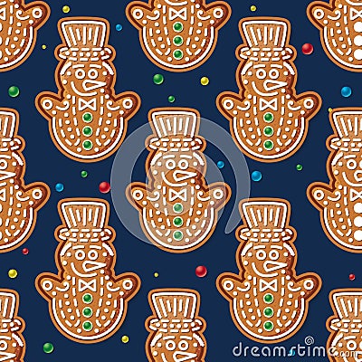 Seamless Pattern with Gingerbread Snowman on Blue. Christmas Cookie Stock Photo