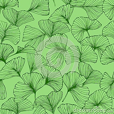 Seamless pattern with ginkgo biloba leaves, textured hand drawn outline leaf veins Vector Illustration