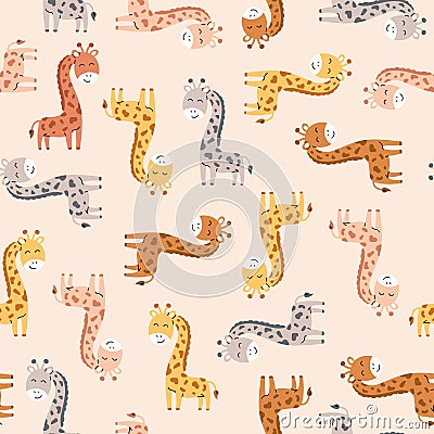 Seamless Pattern with giraffes on pink background. Vector trendy scandinavian background Vector Illustration