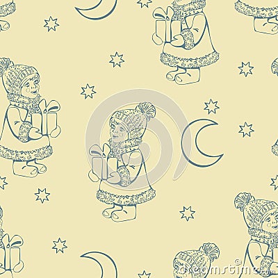 Seamless pattern of girl with a gift, stars and moon. Christmas postcard vector design. Small girl in winter clothes Vector Illustration