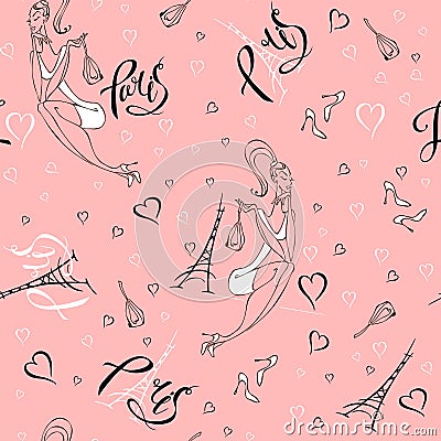 Seamless pattern. Girl in Paris. Romantic print. Girl model on the background of the Eiffel tower. Lettering. Hearts. Pink. Vector Stock Photo