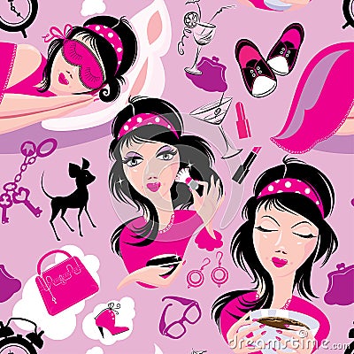 Seamless pattern with glamor lovely girls slipping Vector Illustration