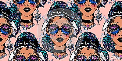 Seamless pattern of glamorous beautiful sailor girl looking at the beach and water waves through cool geometric glasses. Vector Illustration