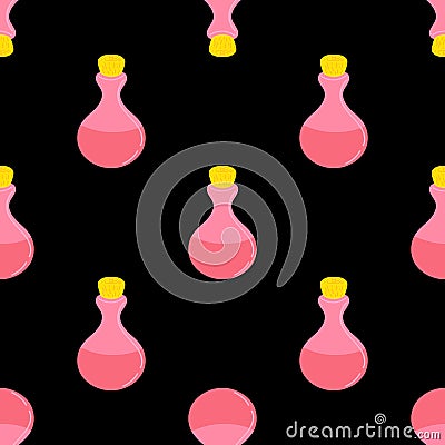 Seamless pattern of glass bottles filled with elixir.The concept of Halloween. Design of banners, wrapping paper Vector Illustration