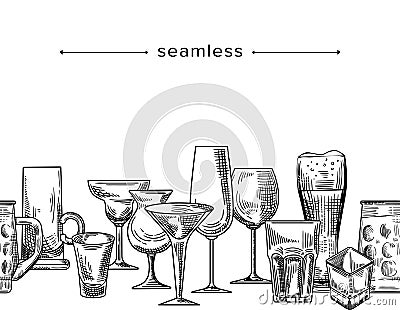 Seamless Pattern with Glass Cups for Alcohol Drinks. Doodle Goblets for Martini, Beer, Wine or Vodka. Hand Drawn Border Vector Illustration