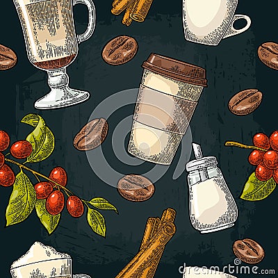 Seamless pattern glass latte, sugar, beans, branch with leaf and berry. Vector Illustration