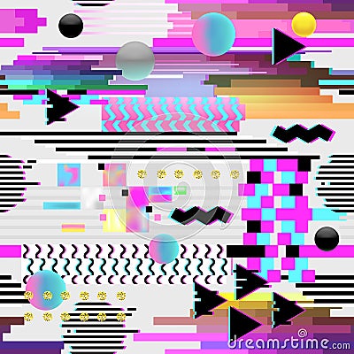 Seamless Pattern Glitch Design. Cyberpunk Digital Background with Geometric Gradient Elements. Abstract Composition Vector Illustration