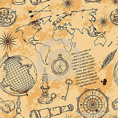 Seamless pattern with globe, compass, world map and wind rose. Vintage science objects set in steampunk style. Vector Illustration