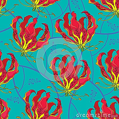 Seamless pattern with Gloriosa superba or flame lily, tropical flower on the green background. Vector Illustration
