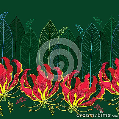 Seamless pattern with Gloriosa superba or flame lily, tropical flower and leaf on the dark green background. Vector Illustration