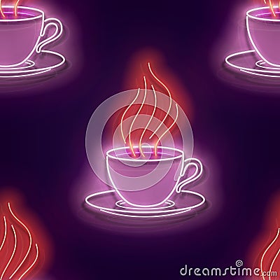 Seamless pattern with glow Cup of Coffee with Steam Vector Illustration