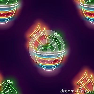 Seamless pattern with glow Mexican guacamole in bowl with nachos or tortillas Vector Illustration