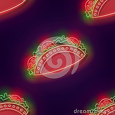 Seamless pattern with glow Mexican tacos with tomatos Vector Illustration