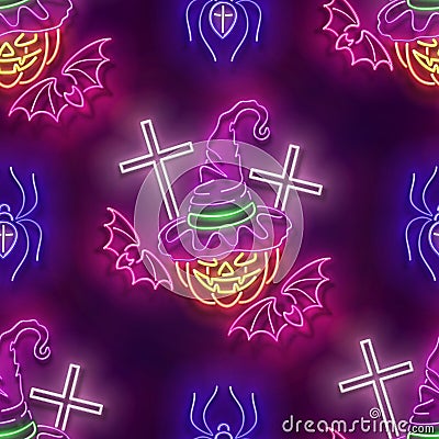 Seamless pattern with glow Witch Pumpkin, Crosses, Bats and Spiders Vector Illustration